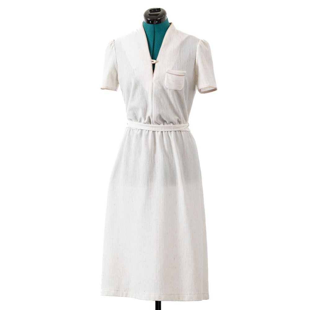 Vintage 80s KR of NY Cream Midi Dress Short Sleeve Retro Minimal Classic Women's